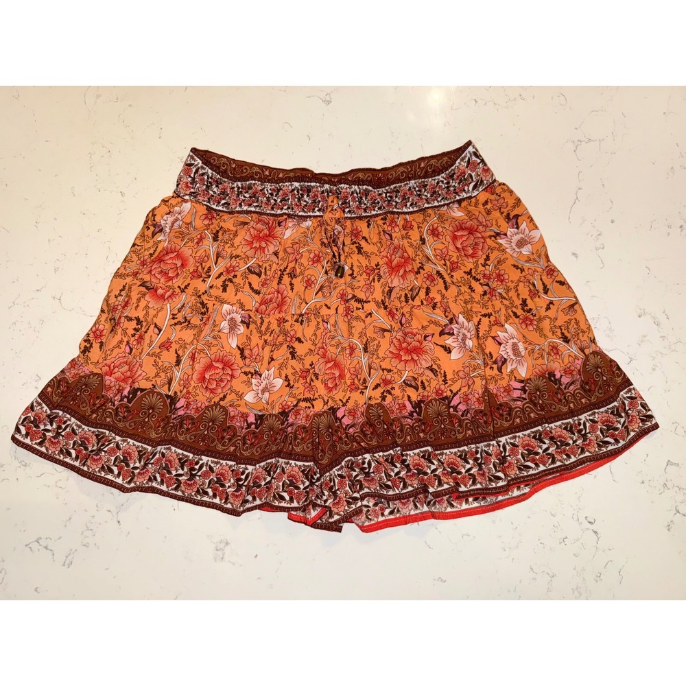 Umgee USA Floral Boho‎ Skort Orange Brown Border Print Rayon Mini Skirt Shorts M